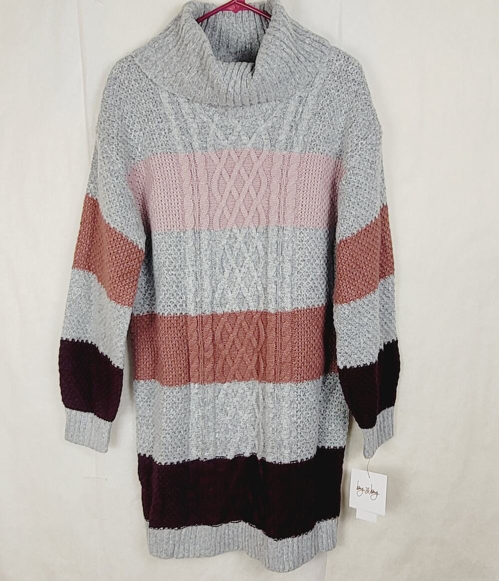 New By & By grey pink striped cowl neck cable knit sweater dress Size Med Preppy